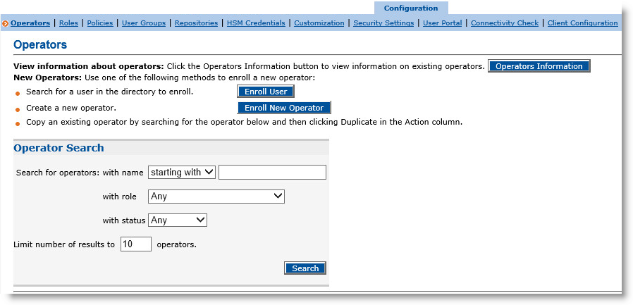 Operators section of Configuration tab with an Operators Information button, an Enroll User button and an Enroll New Operator button, as well as an Operator Search section